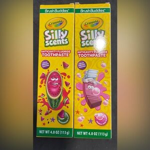 2 Crayola Silly Scents Toothpaste 4oz Bubble Gum & Watermelon Brush Buddies
